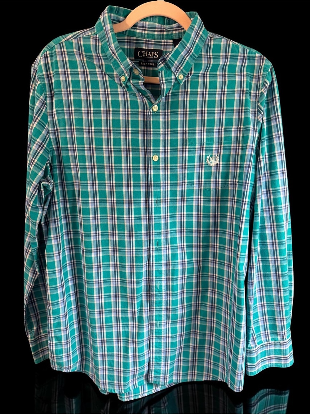 Chaps Easy Care Mens Plaid Button Down Shirt Teal Blue Medium